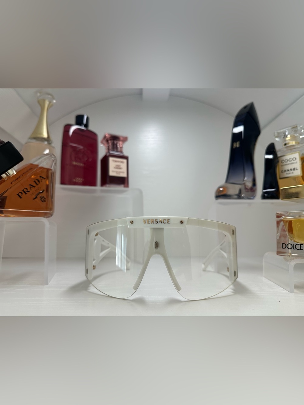 Versace White Shield Sunglasses with Clear Lens and Gold Logo 100% authentic